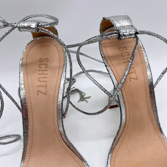 SCHUTZ Bellin Heels Womens 6 Silver Metallic Jeweled Ankle Wrap Strappy Sandal - Picture 4 of 14